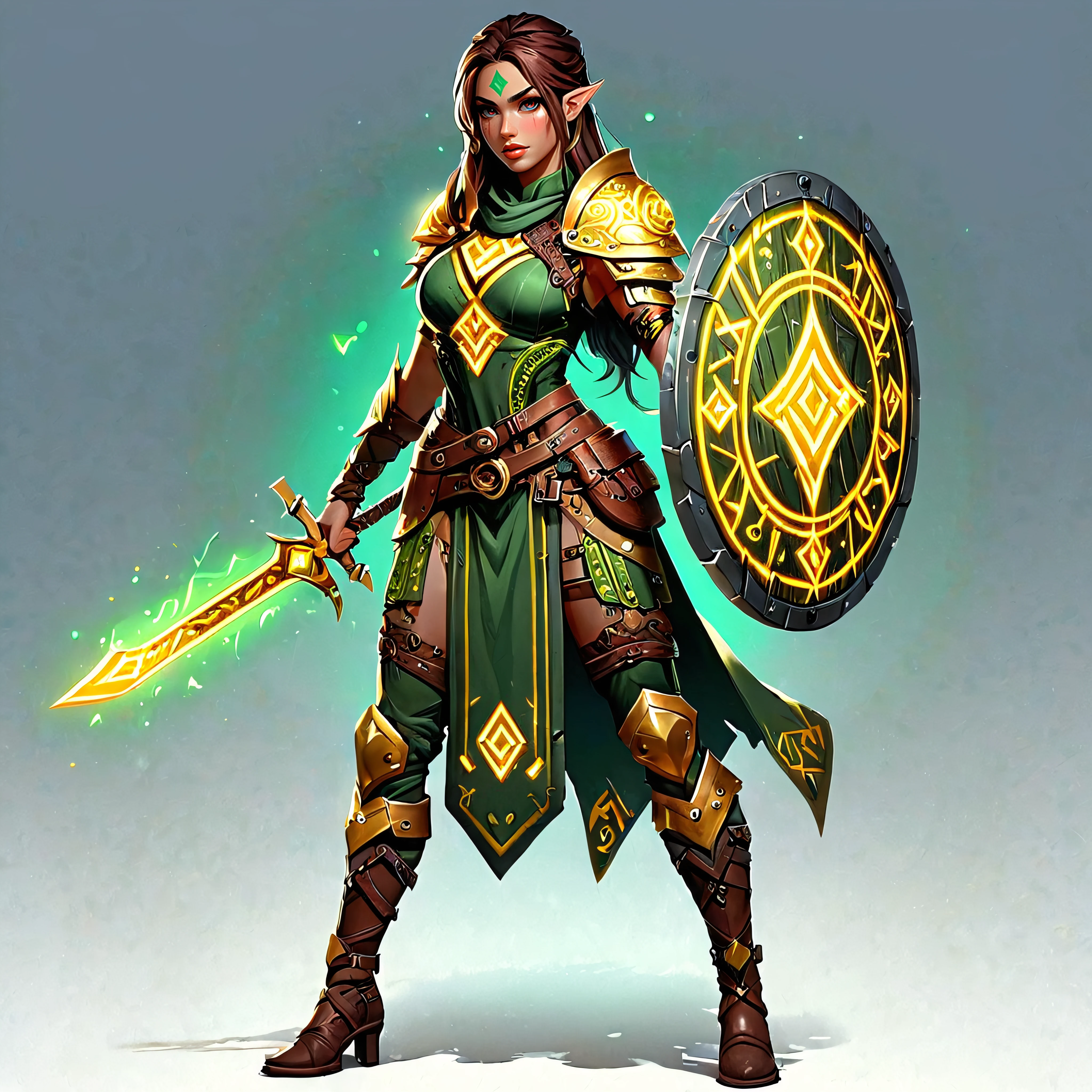 1woman full body, green and gold colors, flashfire glowing runes, glowing shield, glowing sword, Clear picture, high res, defined facial features, best mouth and teeth, realistic,