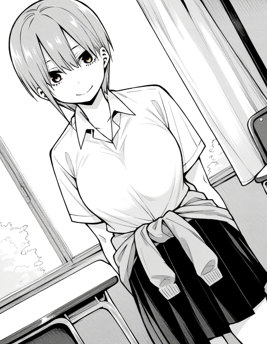 score_9, score_8_up, score_7_up, source_anime,
ichikanakano, <lora:ichika-nakano-manga-ponyxl-lora-nochekaiser:1>,
ichika nakano, short hair, bangs, hair between eyes, monochrome, greyscale,
skirt, shirt, school uniform, white shirt, short sleeves, pleated skirt, shoes, socks, collared shirt, black footwear, sweater, white socks, loafers, clothes around waist,
indoors, classroom, smile,
looking at viewer, cowboy shot, dutch angle, solo, mature female,