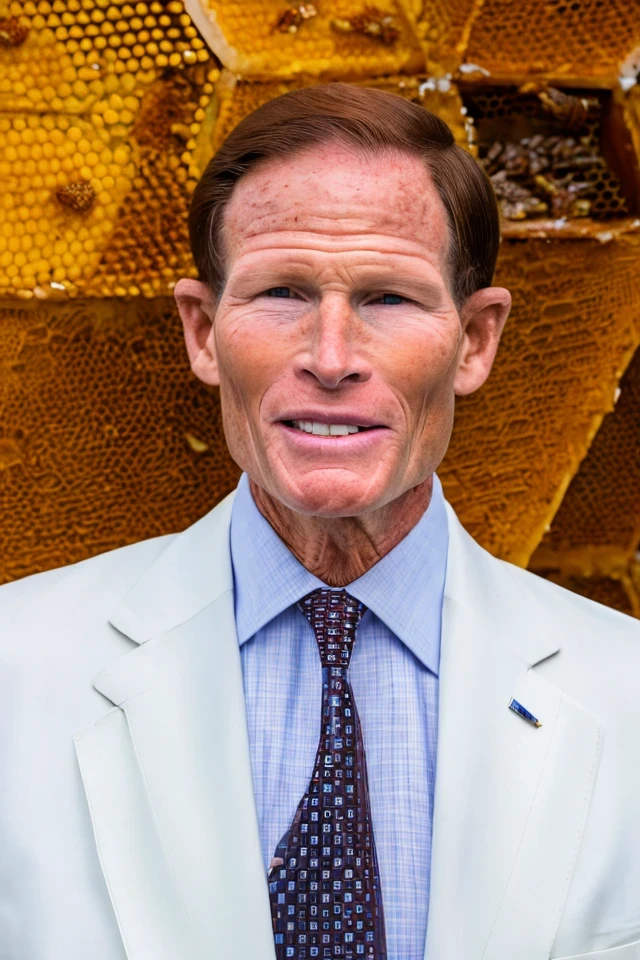 richard blumenthal <lora:senate_013_richard_blumenthal:0.65> , face closeup, face focus, shirt, formal, suit, collared shirt, white shirt, jacket,
Wearing a beekeeper suit, standing in an apiary with bee hives around, holding a giant honeycomb, "Honey Pot Funds",
best quality, masterpiece, HDR, professional, studio quality, highres,