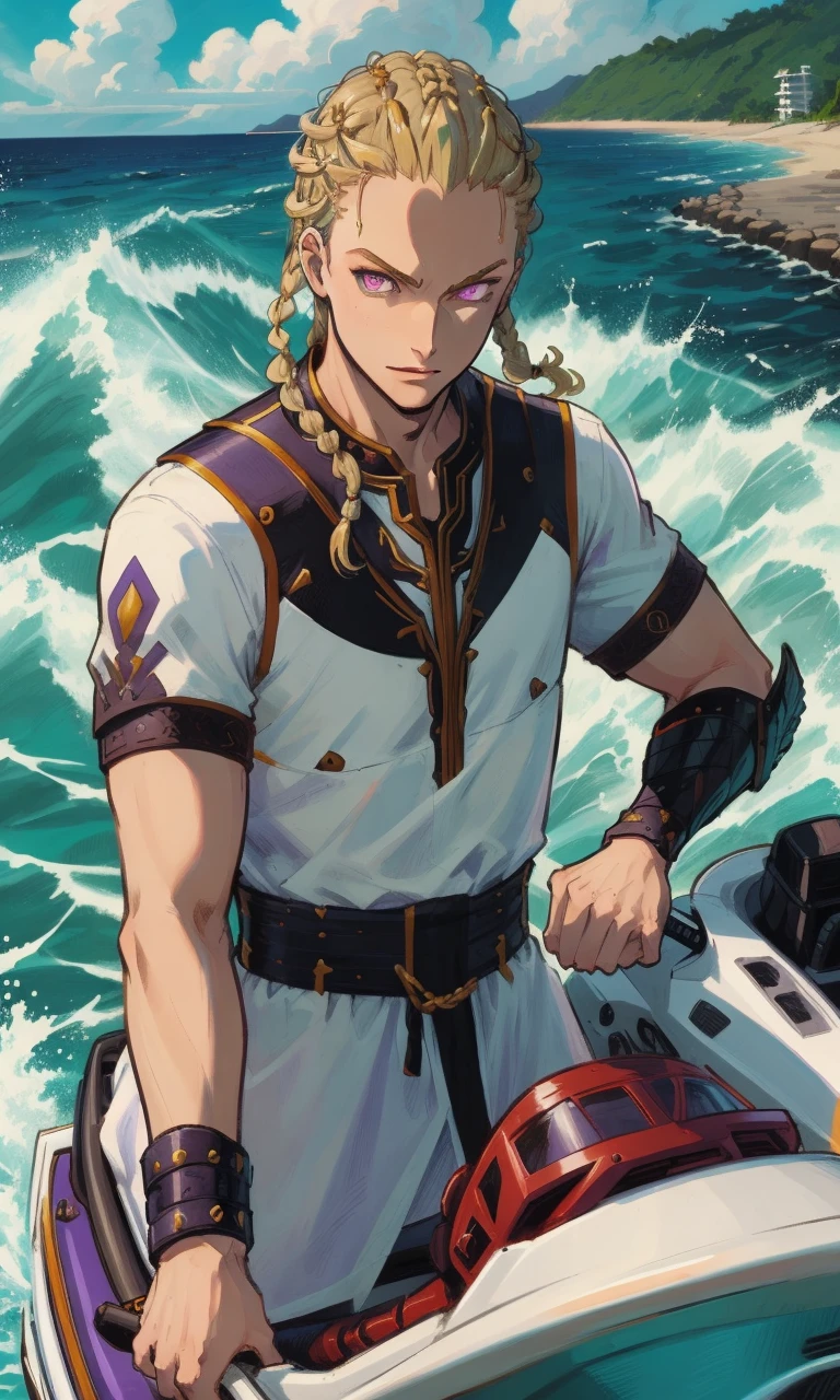 comic style, masterpiece, <lora:gow_h1emdall:0.6>, h1emdall, 1boy, blonde cornrows braids, smug, white tunic, bracers, purple eyes, ocean background, driving  jetski