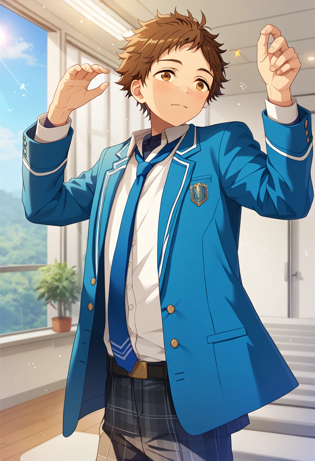 score_9, score_8_up, score_7_up, score_6_up, score_5_up, score_4_up, best quality, amazing quality, best aesthetic, absurdres, solo,mitsuru tenma, brown hair, brown eyes, school uniform, blue jacket, white shirt, blue necktie, plaid pants, white shoes<lora:EMS-356239-EMS:1.000000>