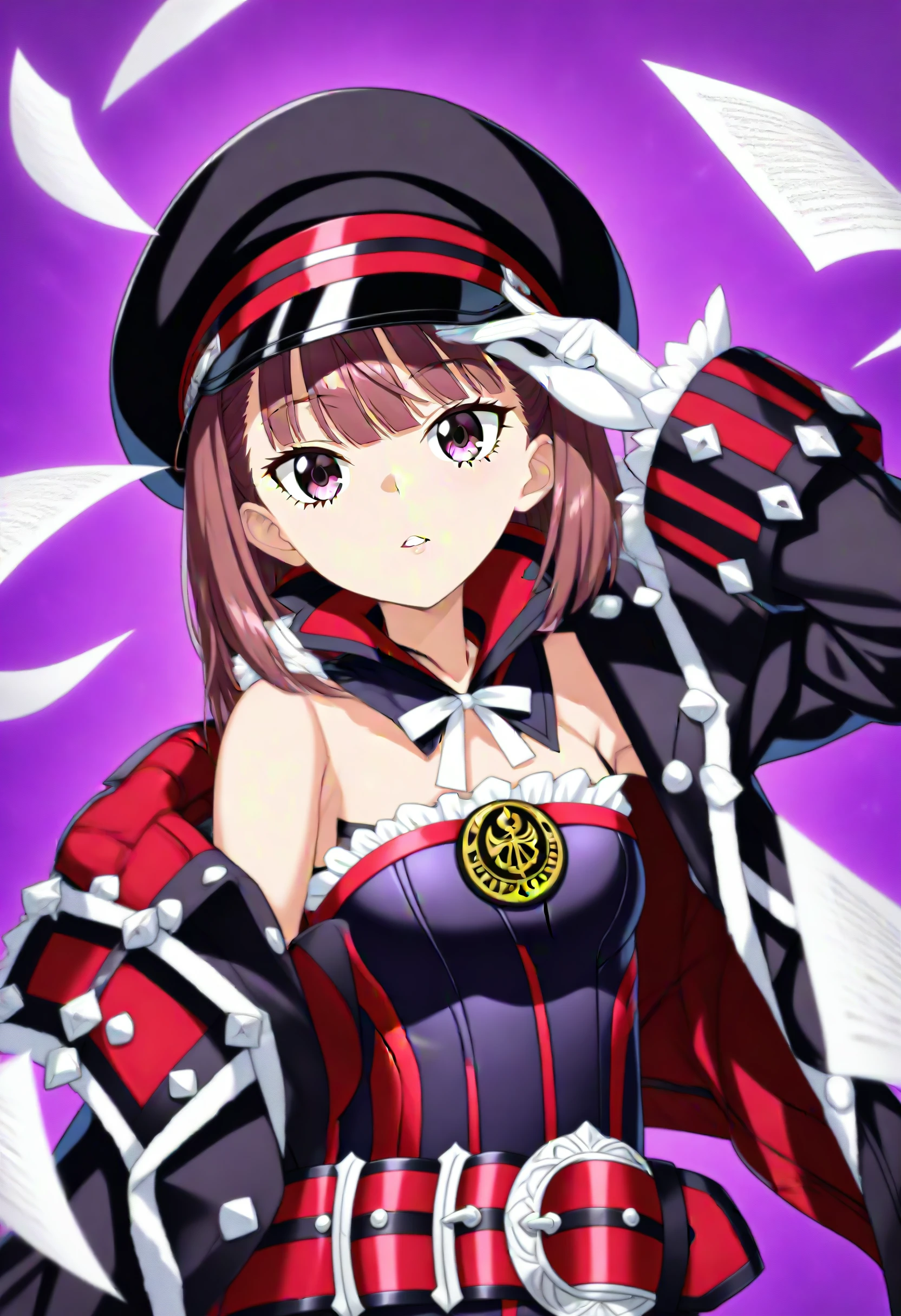 1girl,
helena blavatsky \(third ascension\) \(fate\), fate/grand order,
flying paper, simple background, jacket, adjusting headwear, coat, belt, purple eyes, upper body, fur-trimmed coat, adjusting clothes, neck ribbon, peaked cap, breasts, gloves, ribbon, fur trim, white gloves, solo, hair over one eye, black jacket, shawl, hat, parted lips, hand up, purple background, quill, headpiece, looking at viewer, brown hair, black headwear, medium breasts, short hair, book,
masterpiece, best quality, newest, absurdres, safe