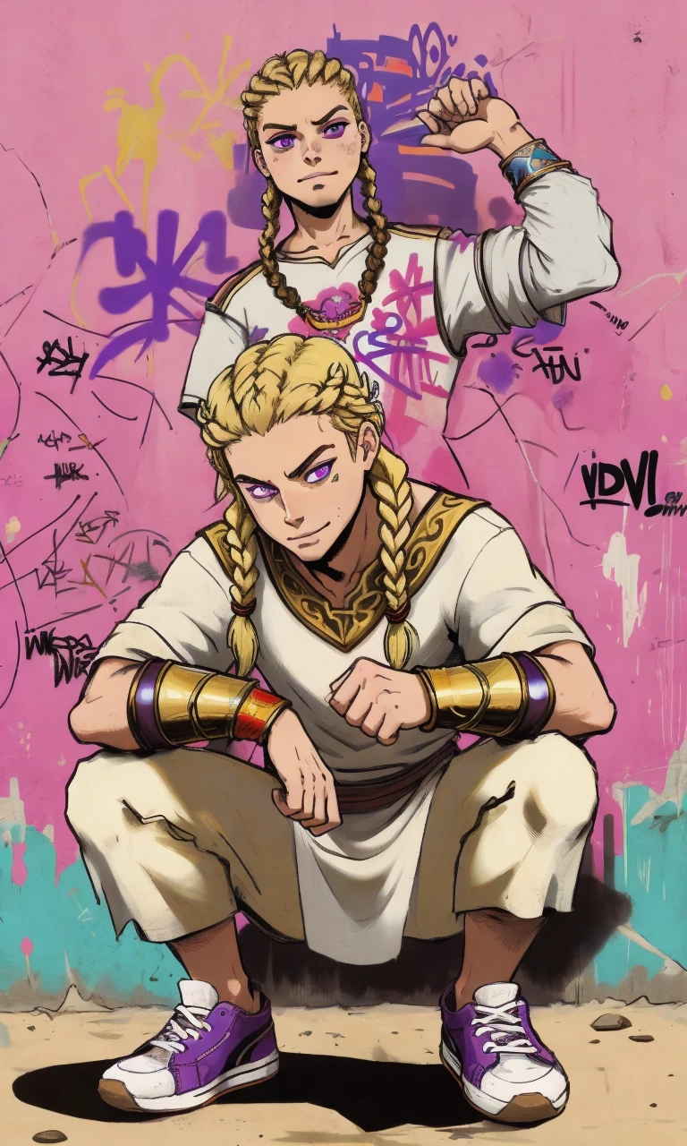 static vhs error  album cover, masterpiece, <lora:gow_h1emdall:0.6>, h1emdall, 1boy, blonde cornrows braids, smug, white tunic, , bracers, purple eyes,  graffiti wall background, squatted, sneakers,