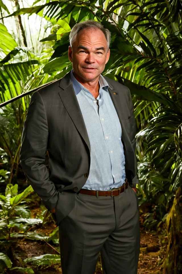 tim kaine <lora:senate_092_tim_kaine:0.65> , face closeup, face focus, shirt, formal, suit, collared shirt, white shirt, jacket,
Wearing a safari outfit with pith helmet, standing in a jungle setting,
best quality, masterpiece, HDR, professional, studio quality, highres,
