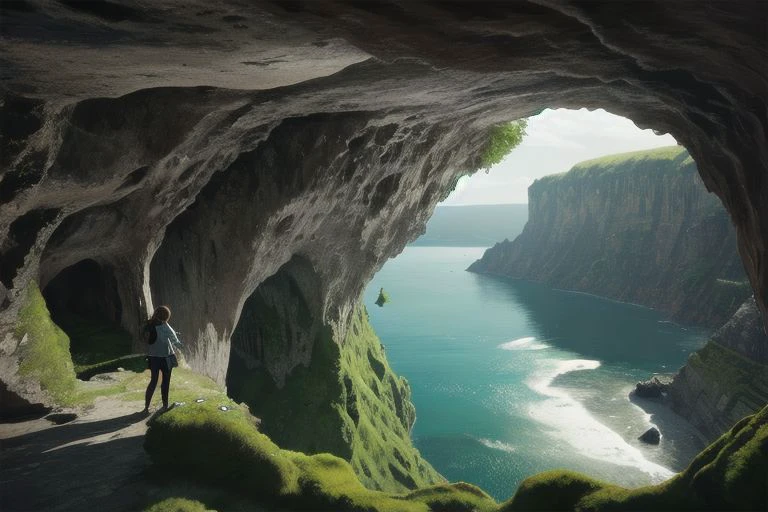 Best quality, 1girl, cave, cliff, standing on cliff, standing, wave, moss