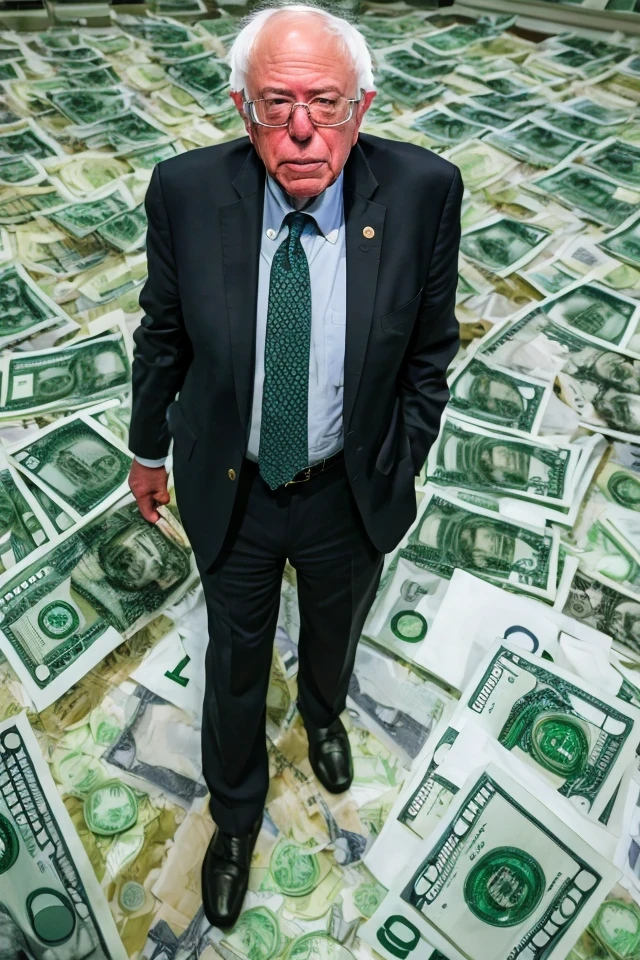 bernie sanders <lora:senate_089_bernie_sanders:0.65> , face closeup, face focus, shirt, formal, suit, collared shirt, white shirt, jacket,
green suit, dollars, money, bills, green banknotes flying,
best quality, masterpiece, HDR, professional, studio quality, highres,