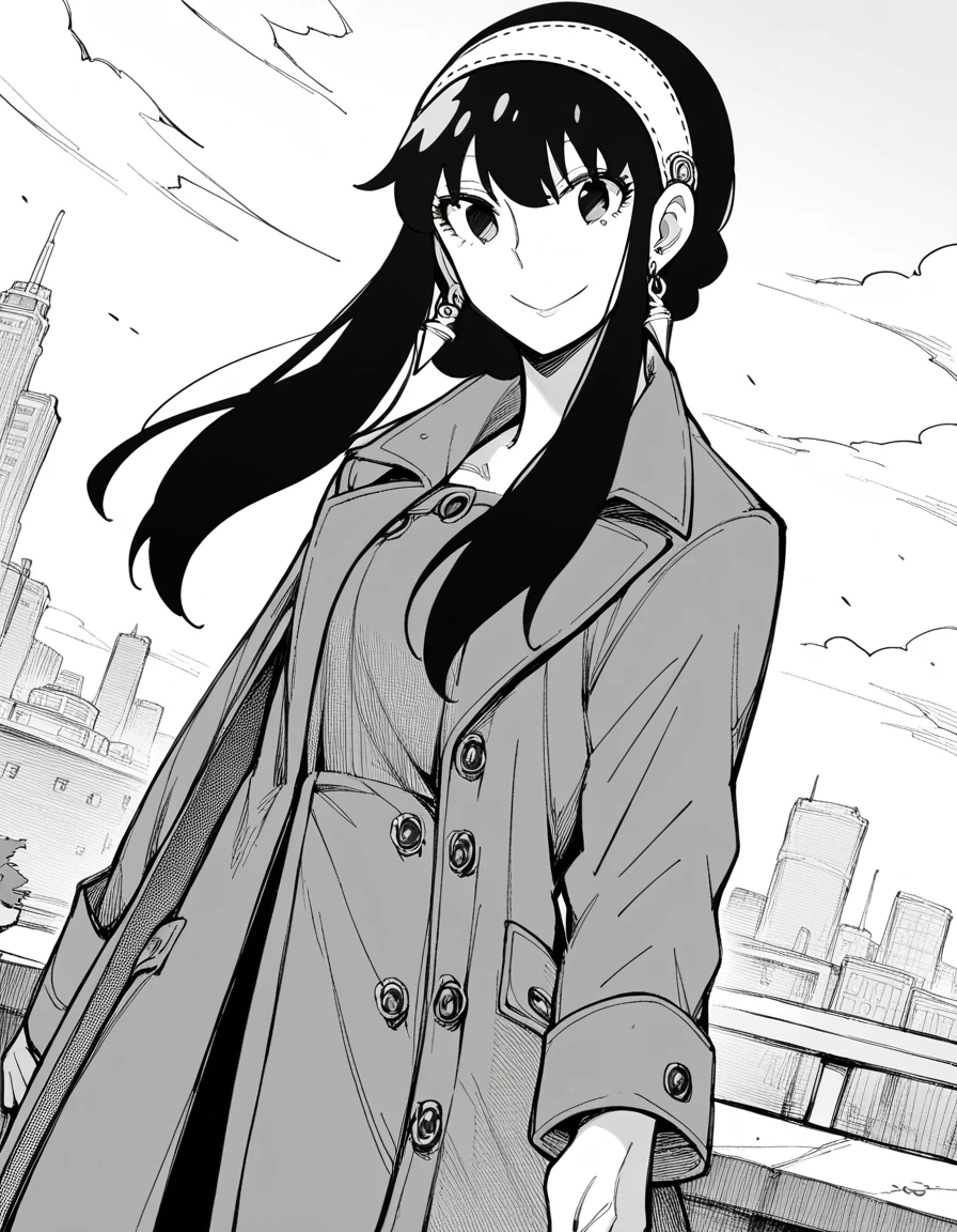 score_9, score_8_up, score_7_up, source_anime,
yorbriar, <lora:yor-briar-manga-ponyxl-lora-nochekaiser:1>,
yor briar, black hair, earrings, white hairband, hairband, long hair, sidelocks, monochrome, greyscale,
coat, trench coat,
outdoors, cityscape, smile,
looking at viewer, cowboy shot, dutch angle, solo,