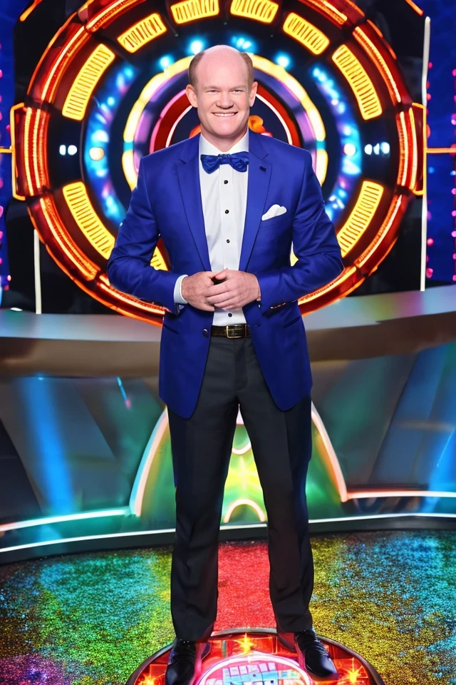 chris co(:0)ons <lora:senate_016_chris_c00ns:0.65>, face closeup, face focus, shirt, formal, suit, collared shirt, white shirt, jacket,
Dressed in a flashy game show host outfit with a bow tie and sparkly jacket, standing on a game show set, spinning a large prize wheel,
best quality, masterpiece, HDR, professional, studio quality, highres,