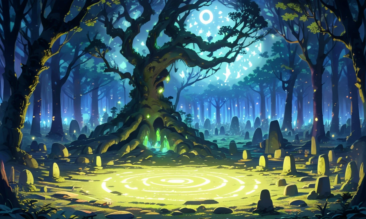 A forest clearing with a circle of ancient stones that glow under the moonlight. Ethereal figures gather around, performing a mysterious ritual. The air is thick with magical energy, and the ground is covered with a carpet of glowing moss and tiny, luminescent insects. <lora:SpaceOperettaNeo_epoch_7:1>