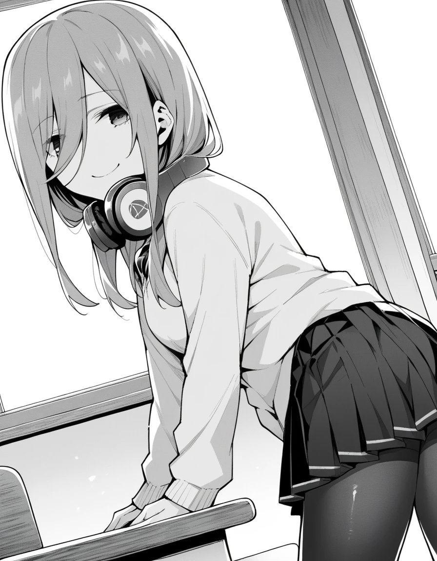 score_9, score_8_up, score_7_up, source_anime,
mikunakano, <lora:miku-nakano-manga-ponyxl-lora-nochekaiser:1>,
miku nakano, long hair, bangs, shirt, hair between eyes, headphones, headphones around neck, monochrome, greyscale,
skirt, shirt, long sleeves, white shirt, pantyhose, pleated skirt, black pantyhose, cardigan,
indoors, classroom, bent over, smile,
looking at viewer, cowboy shot, dutch angle, solo, mature female,