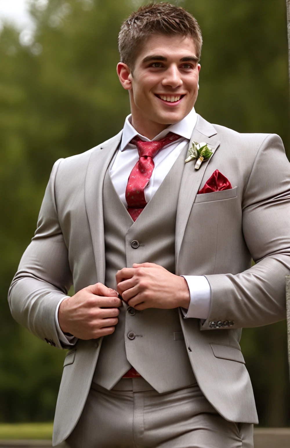 (face focus). (close up shot:0.9), <lora:BulkedUpAIR1.5:0.05>, (masculine:1.2), at outdoor sunny wedding, (bodybuilder wearing designer formal suit), sexy pose:1.0, confident, handsome, (((masterpiece))), (((best quality))), <lora:more_details:0.5>, (hands on waist), male, athletic, looking at viewer, smile, big pecs:1.2, CFAiden <lora:CFAiden (1):1>