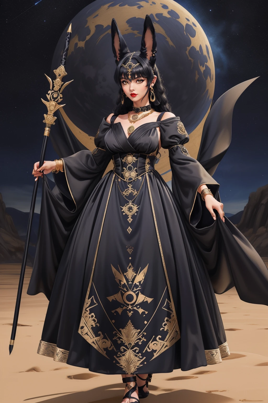 (macro shot:1.1), (battoujutsu_stance:1.1), (full body photo:1.3), adult woman, red lipstick, hud_anubis_drss, long dress, black dress with gold detail, ((black animal ears)), earrings, bracelets, necklace, gold headdress, long sleeves, puffy sleeves, high heels, staff, <lora:Anubis_Dresssd15-000008:0.7>, outdoors, night sky,