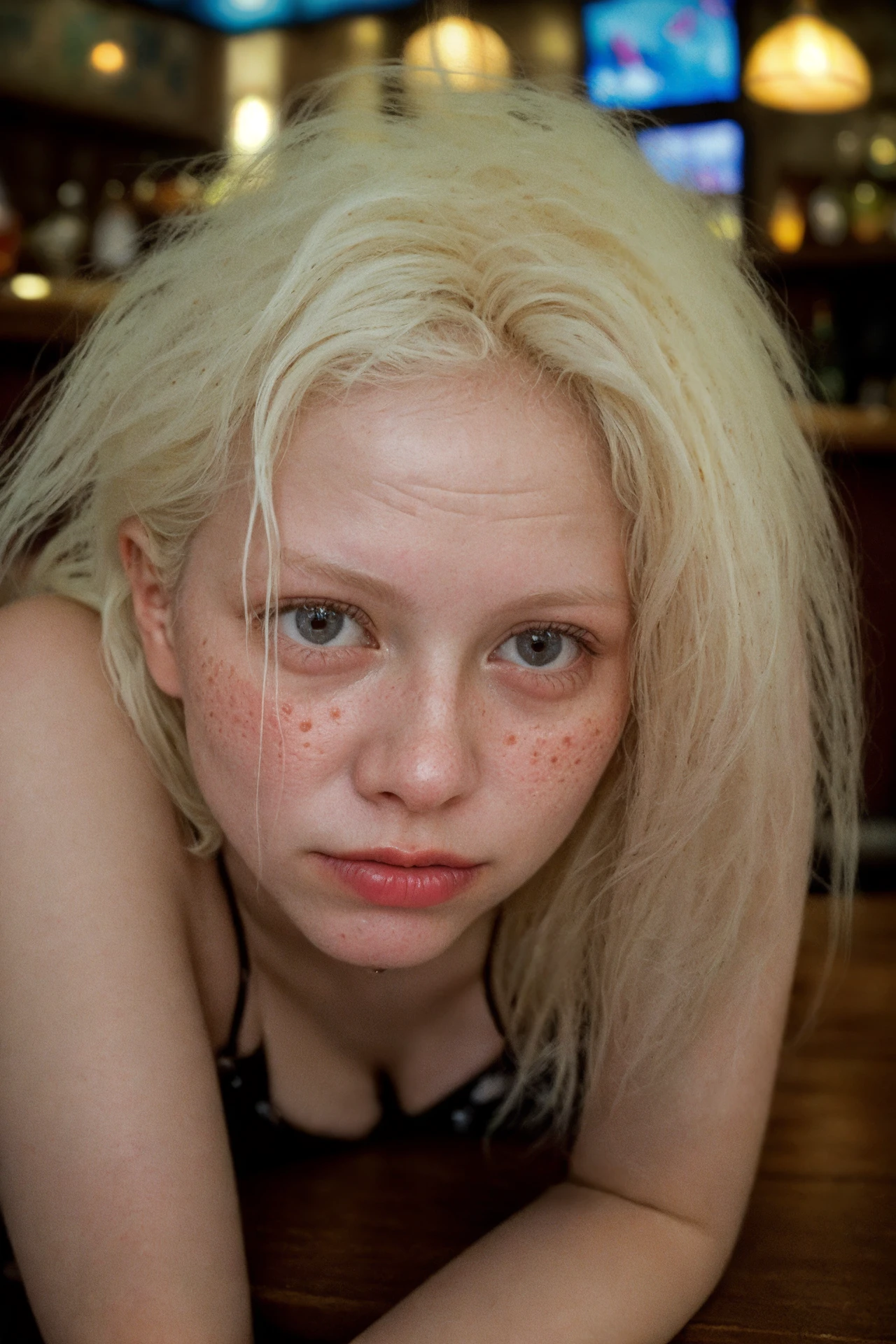 documentary photo of young woman, sitting in a cozy bar, (extreme closeup:1.3) ,(albino:1.2) (high detailed skin:1.2), technicolor, soft tones,dreamy haze,perfect face,by Lee Friedlander