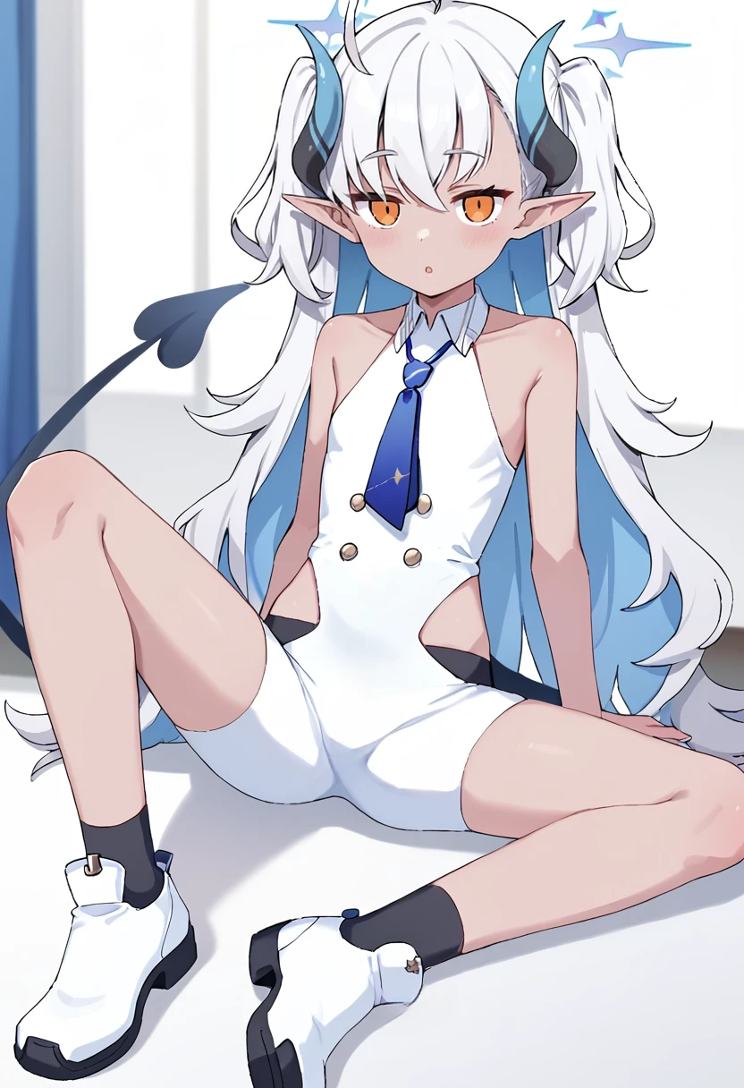 <lora:Sumomo:0.8>, sumomo, 1girl, solo, long hair, looking at viewer, bangs, simple background, collarbone, tail, white hair, multicolored hair, open clothes, horns, pointy ears, dark skin, flat chest, open jacket, yellow eyes, halo, white jacket, blue necktie, sitting, skin fang