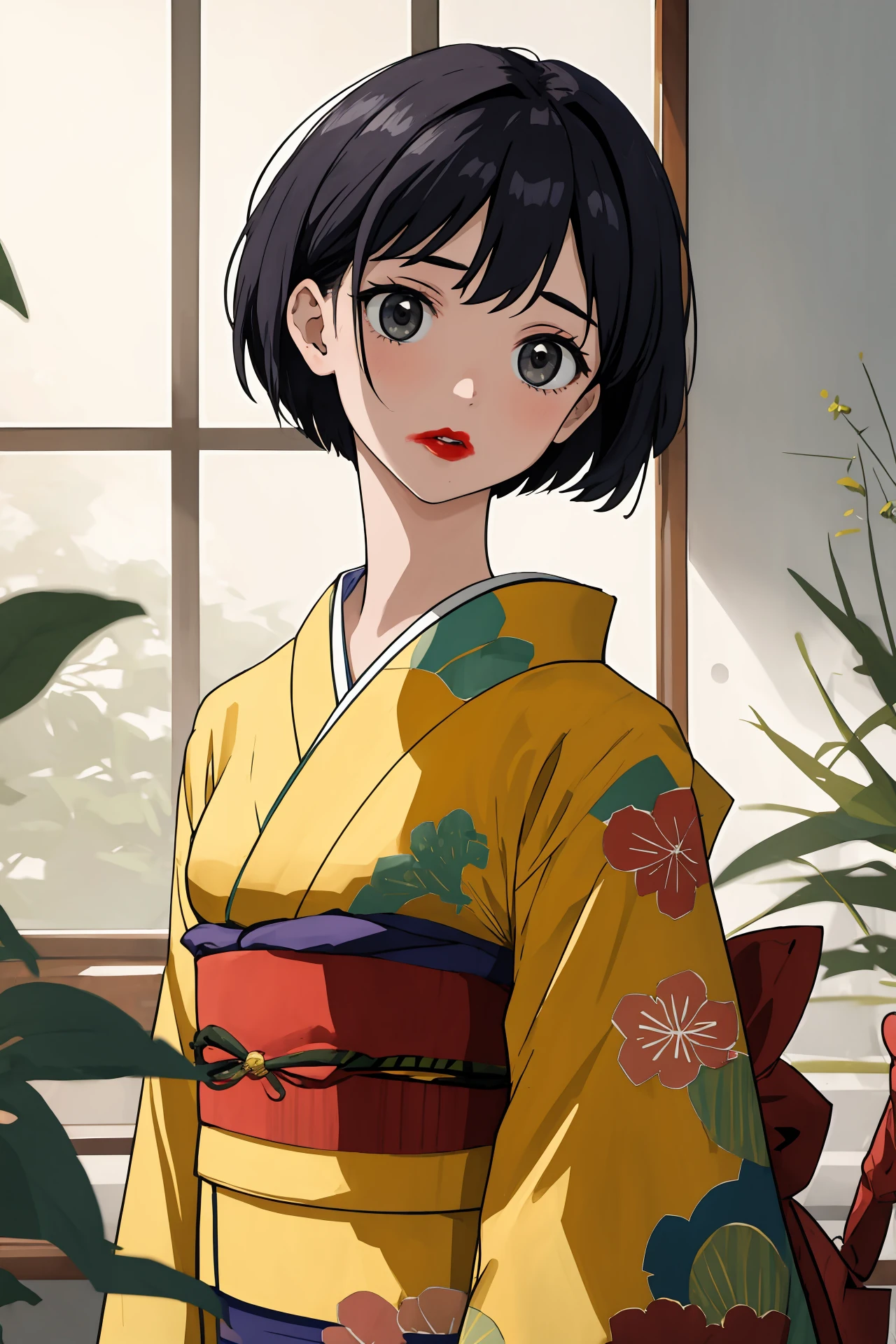 (masterpiece,best quality,absurdres),1girl,solo,head tilt,short choppy pixie cut,short_kimono,upper body,dynamic_angle,
<lora:smeared lipstick_bx-v1.02:1>,smeared lipstick,