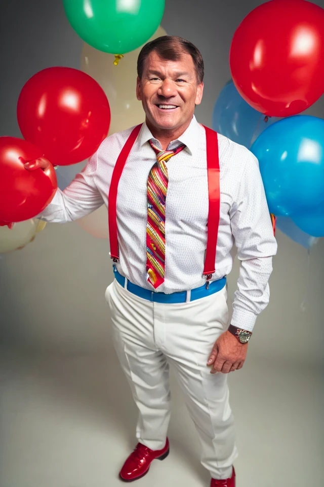 mike rounds <lora:senate_082_mike_rounds:0.65> , face closeup, face focus, shirt, formal, suit, collared shirt, white shirt, jacket,
Dressed in full clown regalia, with a red nose, oversized shoes, and rainbow suspenders, juggling several large balls,
best quality, masterpiece, HDR, professional, studio quality, highres,