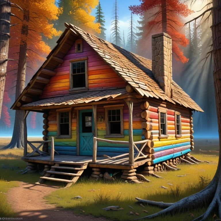 A dilapidated structure, its weathered exterior hinting at the cabin's long history and neglect., log_cabin, exterior, <lora:Wolvie_LogCabin_SDXL_v1.0e10:1>, colorful, saturated, textured, luminism, ultra highly detailed, 32k, fantastic realism, complex background, dynamic lighting, highly detailed, intricate, painting, masterpiece, best quality, high resolution, perfect composition, ultra sharp, perfect shadows, highly detailed, photorealistic, high realism, ultra highly detailed, 32k, fantastic realism, complex background, dynamic lighting, intricate details, textured