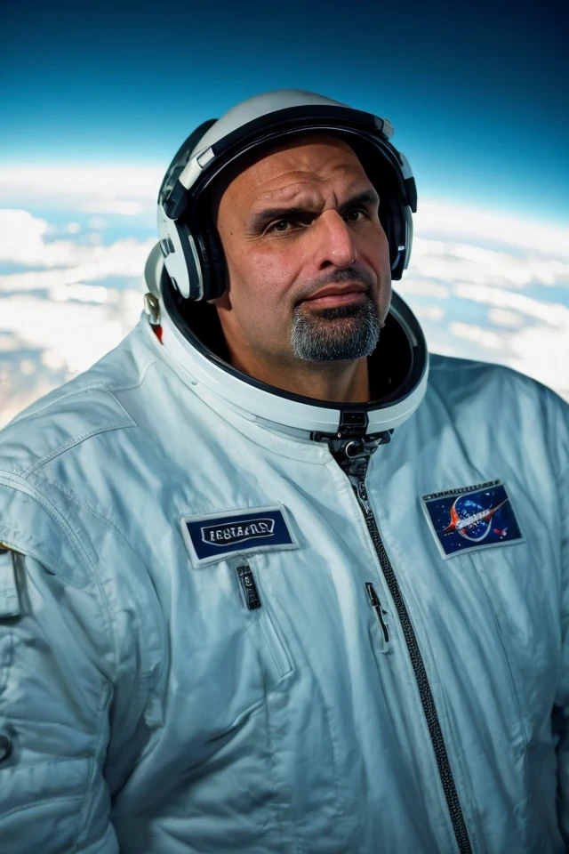 john fetterman <lora:senate_076_john_fetterman:0.65> , face closeup, face focus, shirt, formal, suit, collared shirt, white shirt, jacket,
Wearing a classic astronaut suit, floating in space with Earth visible in the background,
best quality, masterpiece, HDR, professional, studio quality, highres,