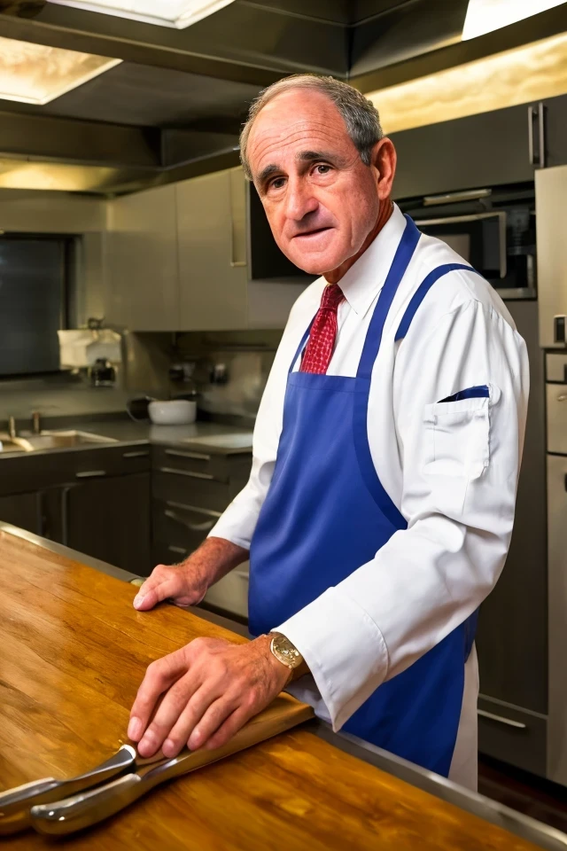 jim risch <lora:senate_024_jim_risch:0.65> , face closeup, face focus, shirt, formal, suit, collared shirt, white shirt, jacket,
wearing a chef hat and apron, with a kitchen in the background,
best quality, masterpiece, HDR, professional, studio quality, highres,