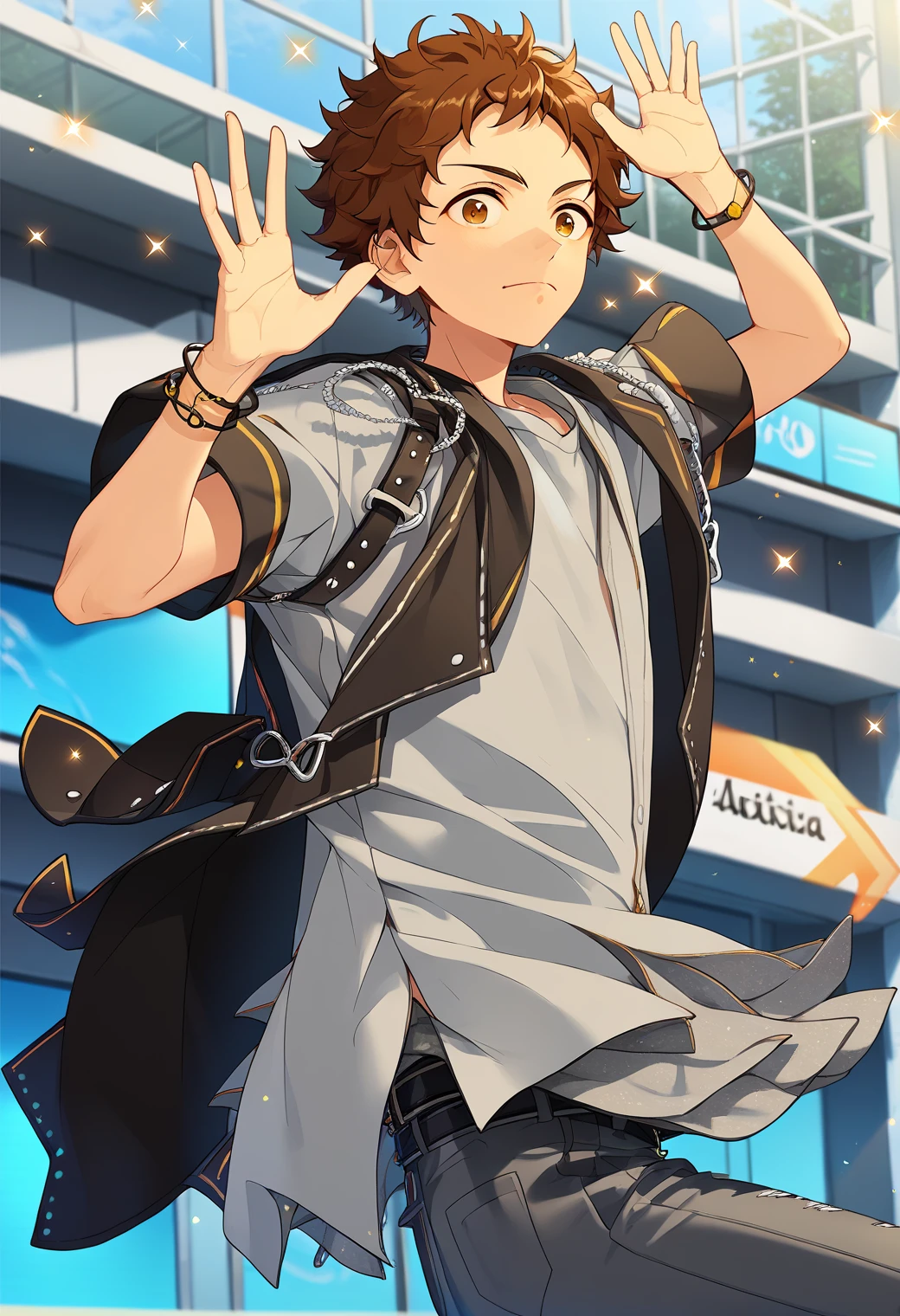 score_9, score_8_up, score_7_up, score_6_up, score_5_up, score_4_up, best quality, amazing quality, best aesthetic, absurdres, solo, mitsuru tenma, brown hair, brown eyes, gray shirt, black velt, gray pants, bracelet<lora:EMS-356239-EMS:1.000000>