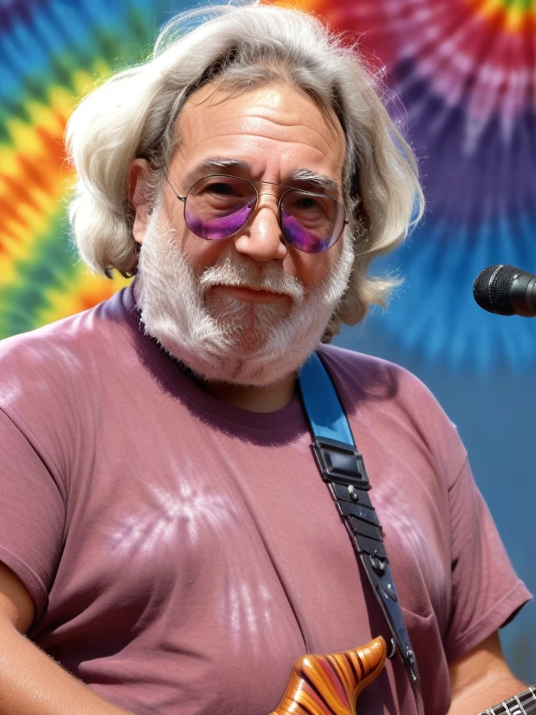 <lora:Wolvie_JerryGarcia_XLv1.0_r1:1> j3rrygarc1a, old_jerry, musician, tie-dye background, trippy, psychedelic colors,, masterpiece, best quality, high resolution, perfect composition, ultra sharp, perfect shadows, highly detailed, photorealistic, high realism, ultra highly detailed, 32k, fantastic realism, complex background, dynamic lighting, intricate details, textured