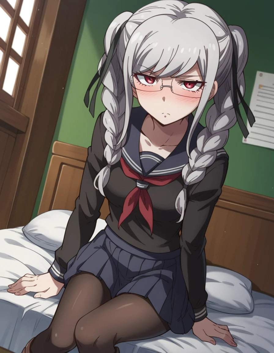 score_9, score_8_up, score_7_up, source_anime,
pekopekoyama, <lora:peko-pekoyama-s2-ponyxl-lora-nochekaiser:1>,
peko pekoyama, braid, long hair, red eyes, twin braids, glasses, white hair,
black pantyhose, black shirt, brown footwear, collarbone, pantyhose, pleated skirt, school uniform, serafuku, shirt, shoes, skirt,
indoors, bed, bed room, on side, blush, drunk,
looking at viewer, cowboy shot, dutch angle, solo,