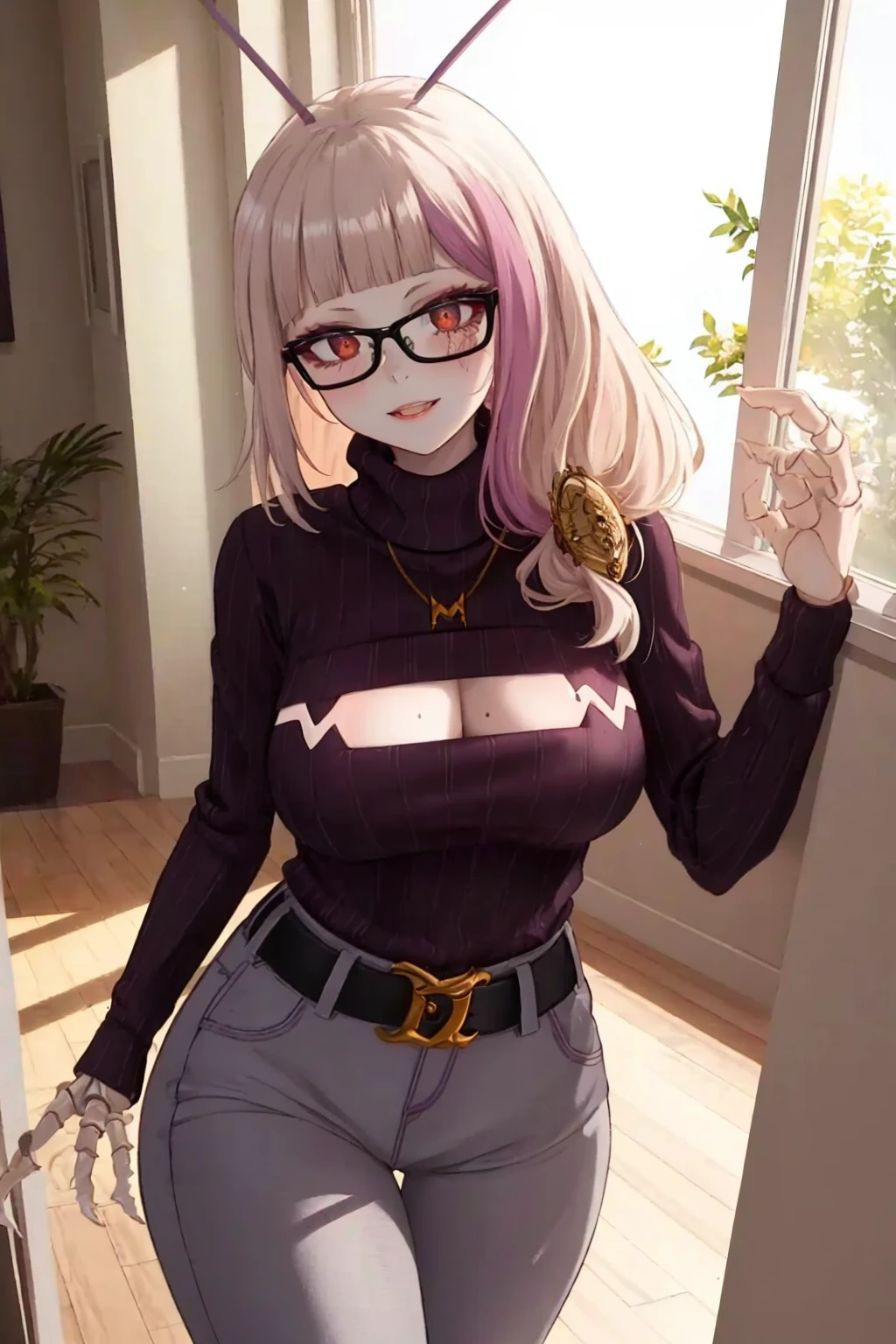 masterpiece, best quality, 1girl,  <lora:spmatarakan15:1> matarakanswt, arthropod girl, necklace, ribbed sweater, purple sweater, cleavage, cleavage cutout, grey pants, black belt, glasses, backlighting, day, indoors, sunlight, window