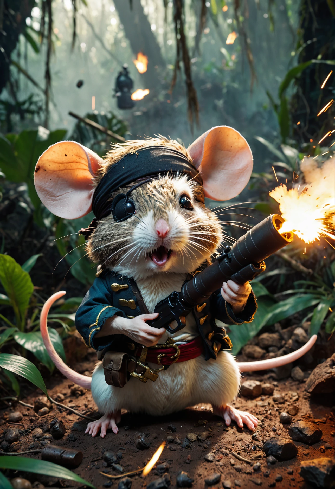 adorable fluffy mouse pirate eyepatch, Scene from Rambo movie, mouse with The granade in the jungle, explosion, action scene, war chronicles, award winning masterpiece 8k artstation, cinematic, cinematic color grading, heroic, epic