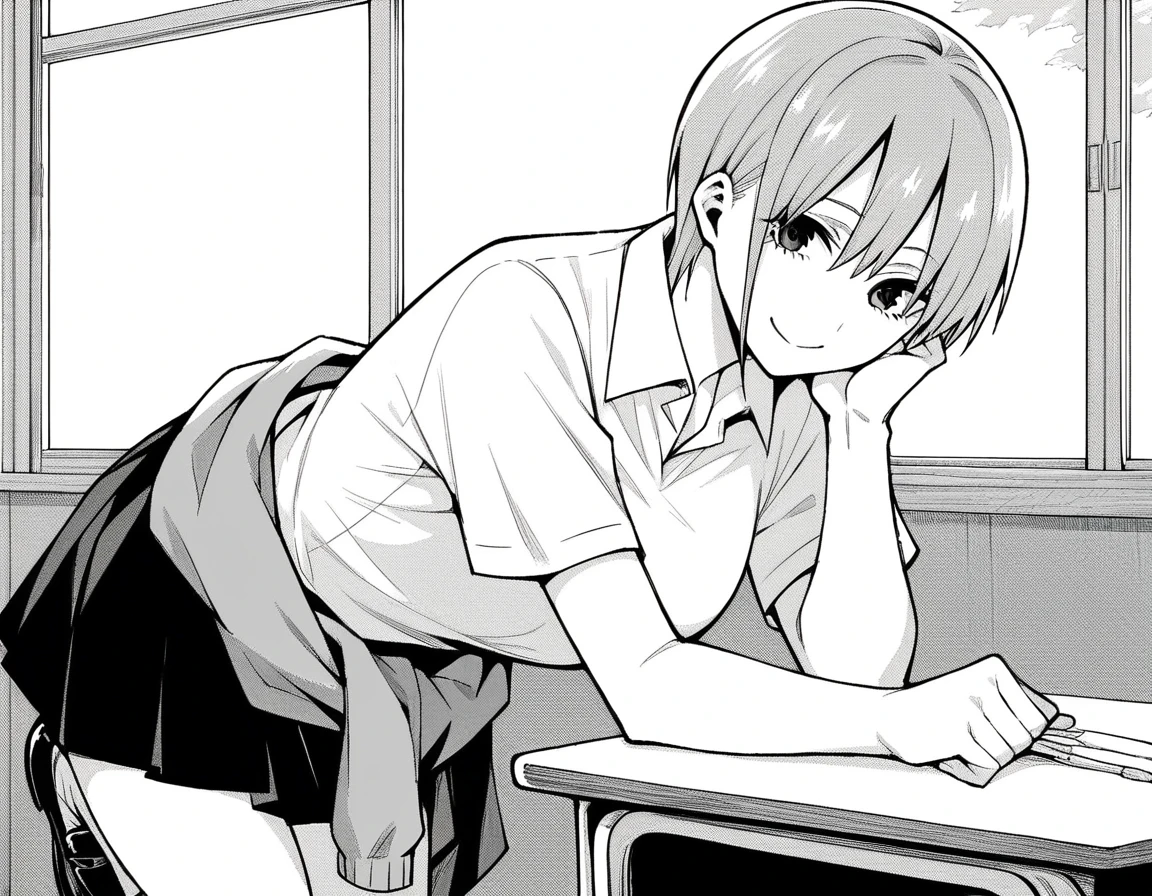 score_9, score_8_up, score_7_up, source_anime,
ichikanakano, <lora:ichika-nakano-manga-ponyxl-lora-nochekaiser:1>,
ichika nakano, short hair, bangs, hair between eyes, monochrome, greyscale,
skirt, shirt, school uniform, white shirt, short sleeves, pleated skirt, shoes, socks, collared shirt, black footwear, sweater, white socks, loafers, clothes around waist,
indoors, classroom, bent over, smile,
looking at viewer, straight-on, solo, cowboy shot, mature female, thighs,