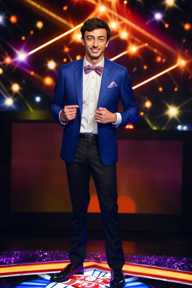 jon ossoff <lora:senate_019_jon_ossoff:0.65> , face closeup, face focus, shirt, formal, suit, collared shirt, white shirt, jacket,
Dressed in a flashy game show host outfit with a bow tie and sparkly jacket, standing on a game show set, spinning a large prize wheel,
best quality, masterpiece, HDR, professional, studio quality, highres,