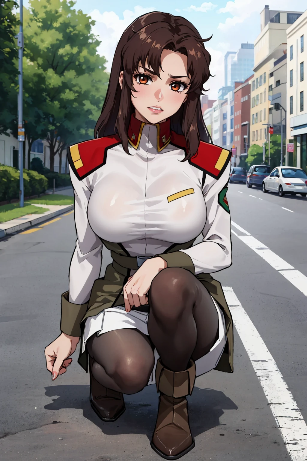 masterpiece, best quality, 1girl, <lora:murrueramius-nvwls-v1-000009:0.9> murrue ramius, white uniform, belt, white skirt, pantyhose, large breasts, one knee, brown boots, looking at viewer, furrowed brow, clenched teeth, on ground, road, lipstick