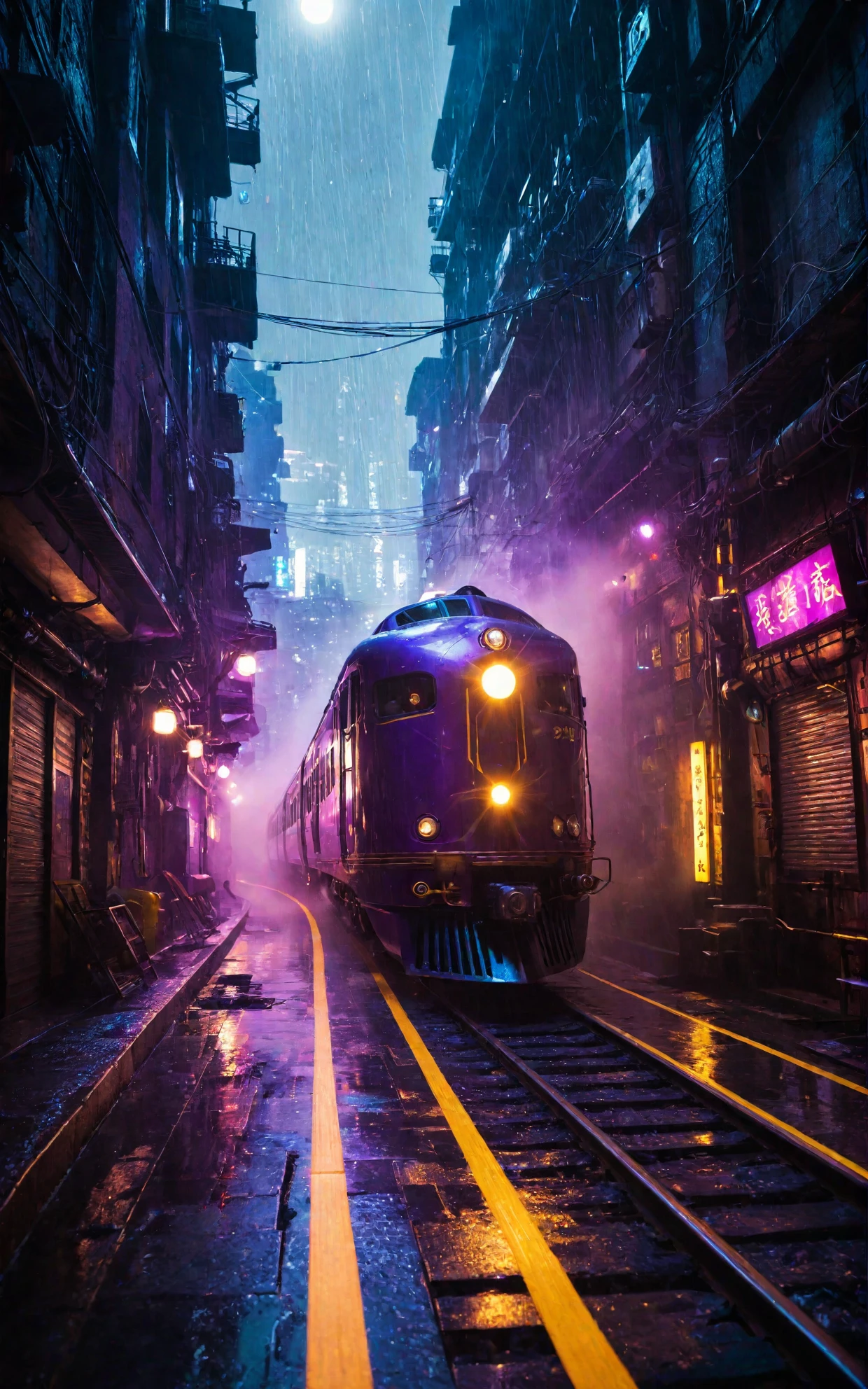 a scifi futuristic concept steam train, curvy and aerodynamic, Kowloon walled city narrow winding alleyway, light speed, flash, heavy rain, motion trail, a shining star(sun) in the background, (speed lines:1.1), (motion blur:1.1), high contrast, deep focus, TRON, style by Ridley Scott, Cyberpunk 2077, Bladerunner, fog, mist, epic visual effects, arc lightning, underglow, interstellar, flow, detailed, scifi, extremely detailed textures, star blast, dark vibrant colors, cosmic art, stars in background, headlights, cinematic scene, lens flare, cinematic color grading, film still, god rays, glow, art of Doug Chiang and John Park glowneon, fuji cinestill, light leak, glowing, sparks, lightning, ultra detailed <lora:add-detail-xl:2>, dramatic lighting <lora:blacklight_makeup_v2:1> ultraviolet blacklight reactive paint, powerlines, catwalks, alleyway <lora:SDS_Contrast tool_XL:0.8>