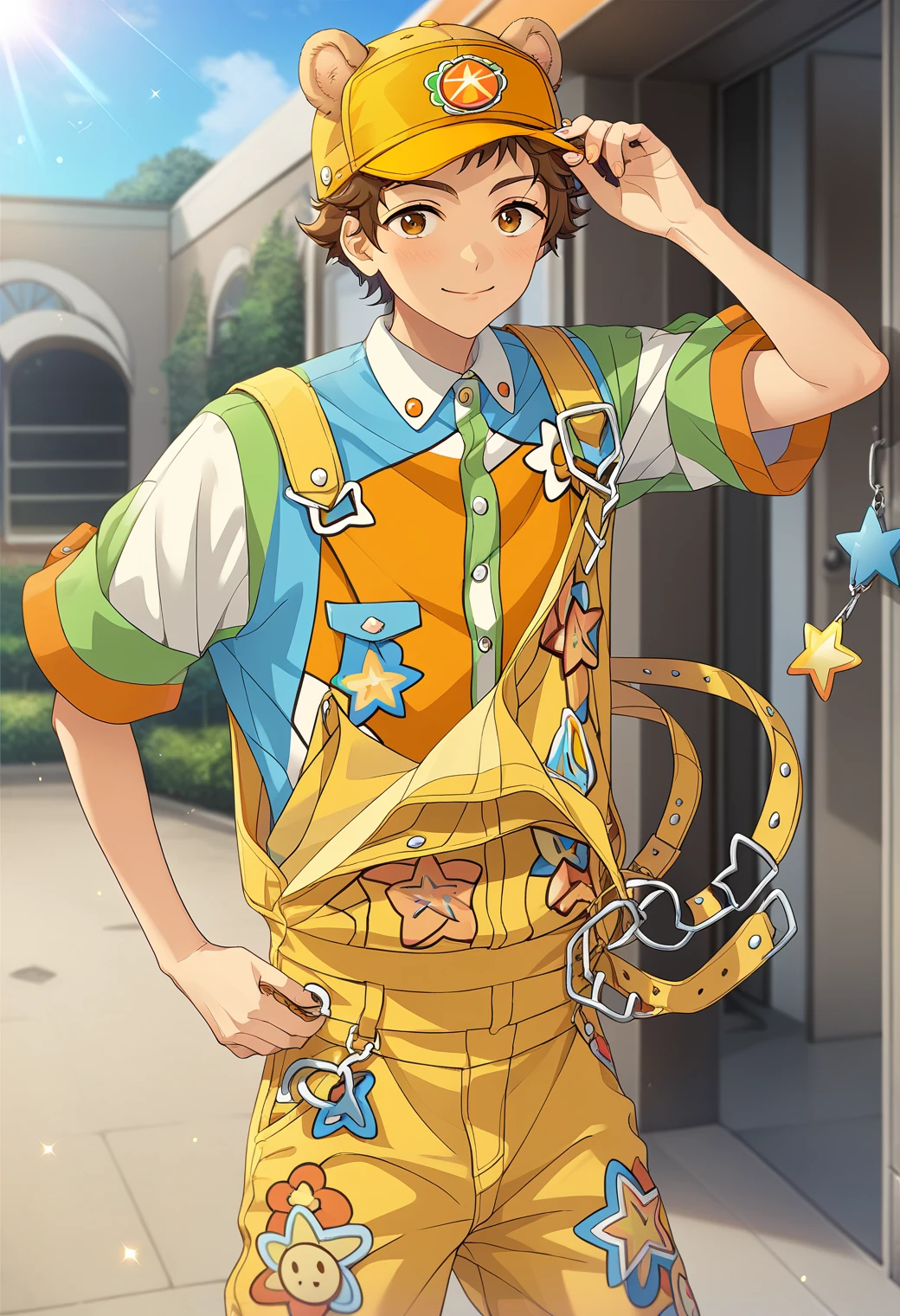 score_9, score_8_up, score_7_up, score_6_up, score_5_up, score_4_up, best quality, amazing quality, best aesthetic, absurdres, solo,mitsuru tenma, brown hair, brown eyes, multicolored shirt, yellow overalls, yellow with orange headwear with bear ears<lora:EMS-356239-EMS:1.000000>