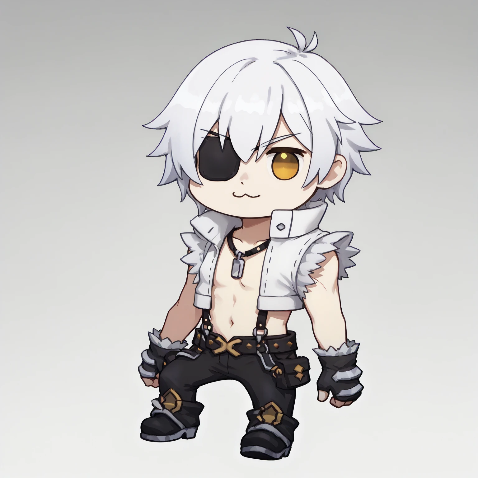 score_9, score_8_up, score_7_up, source_anime,  solo, whitesmith-ro, open clothes, fur trimmed shirt, belt, suspenders, sleeveless, white hair, yellow eyes, <lora:whitesmith-pdxl-lora:1>,   boots, black pants, gloves,  doro, creature, chibi, :3, no humans, solid circle eyes, no pupils, <lora:Doro_X_PDXL_V1:1>, eyepatch