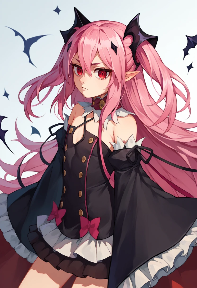 score_9, score_8_up, score_7_up, source anime, 1girl, Krul, two side up, pink hair, red eyes, pointy ears, hair ornament, detached sleeves, detached collar, black dress, black skirt, waist cape, <lora:Krul Tepes2-000006:1>