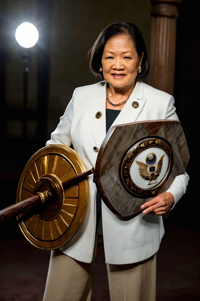 mazie hirono <lora:senate_022_mazie_hirono:0.65> , face closeup, face focus, shirt, formal, suit, collared shirt, white shirt, jacket,
Wearing gladiator armor, standing in a Roman-style coliseum, holding a sword and shield with the Senate emblem on it,
best quality, masterpiece, HDR, professional, studio quality, highres,