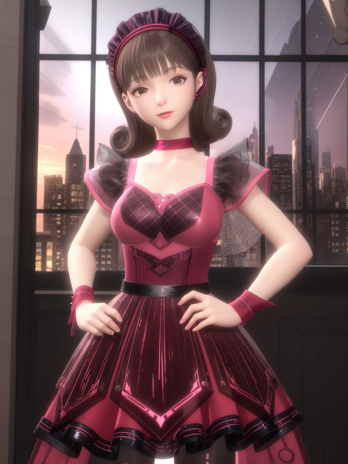 SYNNliexinzhiling, 1girl, solo, brown hair, dress,hairband, pantyhose, brown eyes, choker,short hair,wrist cuffs,boots, <lora:SYNNliexinzhiling:0.75>,cityscape,night,indoors, window,  hand on hip, see-through, looking at viewer, curly hair,