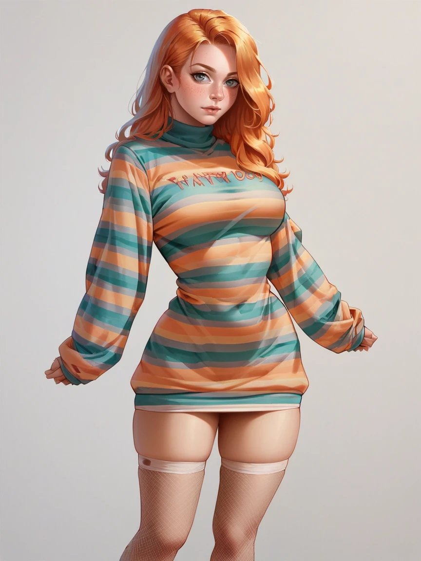 score_9, score_8_up, score_7_up, score_6_up, score_5_up, score_4_up, 1girl, ginger hair,  curvy, <lora:plzdXLP2:0.6> plzd, sweater dress, stripes, thighhighs,