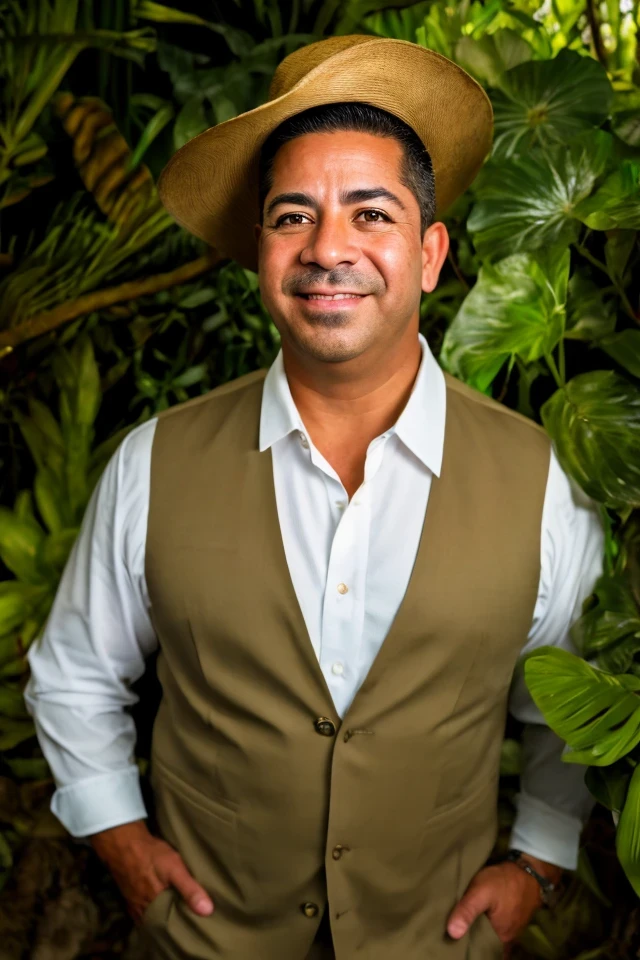 ben ray lujan <lora:senate_062_ben_ray_lujan:0.65> , face closeup, face focus, shirt, formal, suit, collared shirt, white shirt, jacket,
Wearing a safari outfit with pith helmet, standing in a jungle setting,
best quality, masterpiece, HDR, professional, studio quality, highres,
