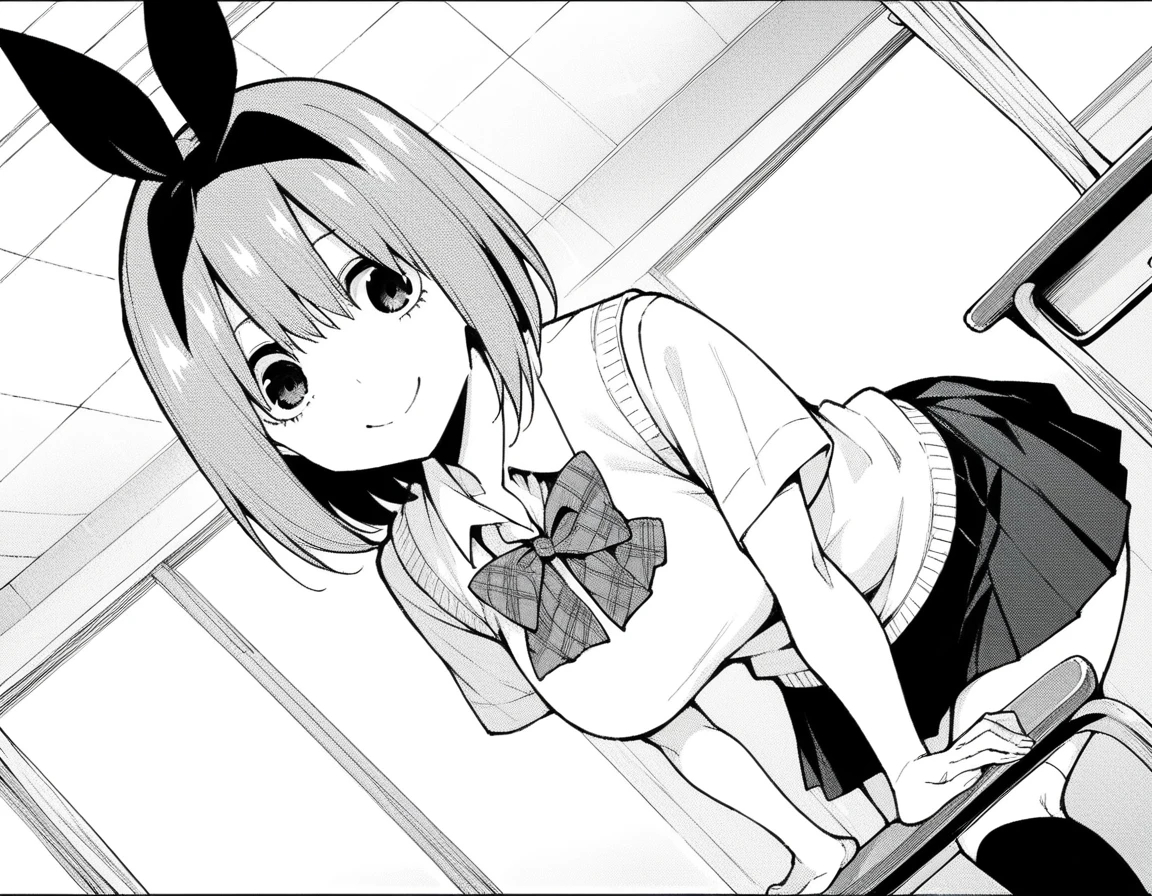 score_9, score_8_up, score_7_up, source_anime,
yotsubanakano, <lora:yotsuba-nakano-manga-ponyxl-lora-nochekaiser:1>,
yotsuba nakano, bangs, short hair, hair between eyes, hair ribbon, hairband, mature female, monochrome, greyscale,
skirt, shirt, bow, ribbon, school uniform, white shirt, short sleeves, pleated skirt, collared shirt, miniskirt, bowtie, kneehighs, sweater vest,
indoors, classroom, bent over, smile,
looking at viewer, cowboy shot, dutch angle, solo,