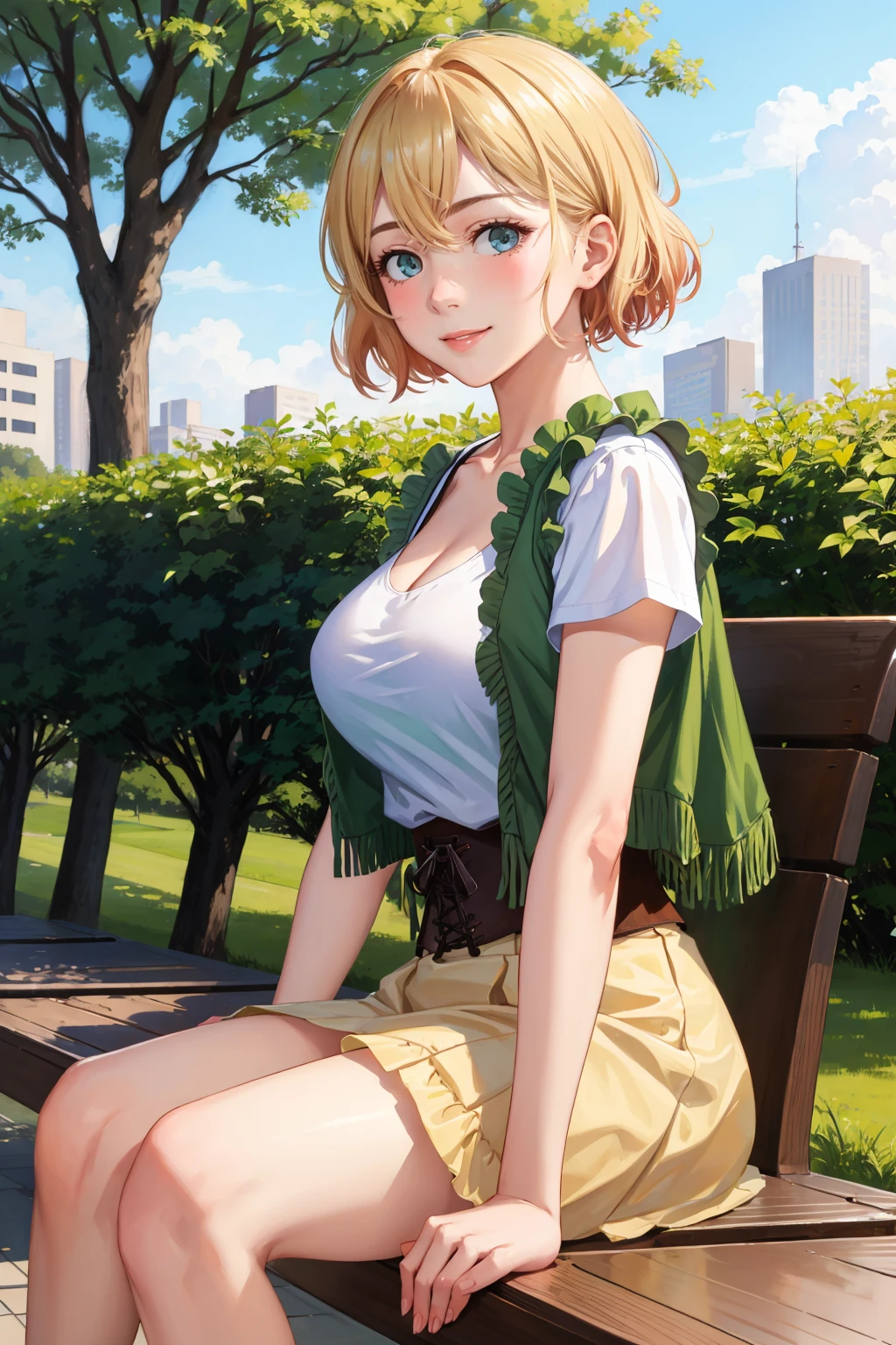 masterpiece, best quality, 1girl, <lora:nanamimami-nvwls-v1-000009:0.9> nanamimami, white shirt, green vest, frills, short sleeves, corset, yellow skirt, cleavage, large breasts, smile, bench, from side, park, tree, city, looking at viewer,