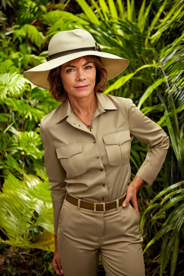 tina smith <lora:senate_046_tina_smith:0.65> , face closeup, face focus, shirt, formal, suit, collared shirt, white shirt, jacket,
Wearing a safari outfit with pith helmet, standing in a jungle setting,
best quality, masterpiece, HDR, professional, studio quality, highres,