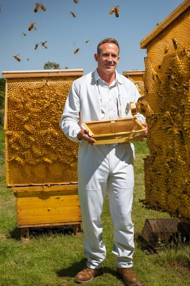 ted budd <lora:senate_066_ted_budd:0.65> , face closeup, face focus, shirt, formal, suit, collared shirt, white shirt, jacket,
Wearing a beekeeper suit, standing in an apiary with bee hives around, holding a giant honeycomb, "Honey Pot Funds",
best quality, masterpiece, HDR, professional, studio quality, highres,