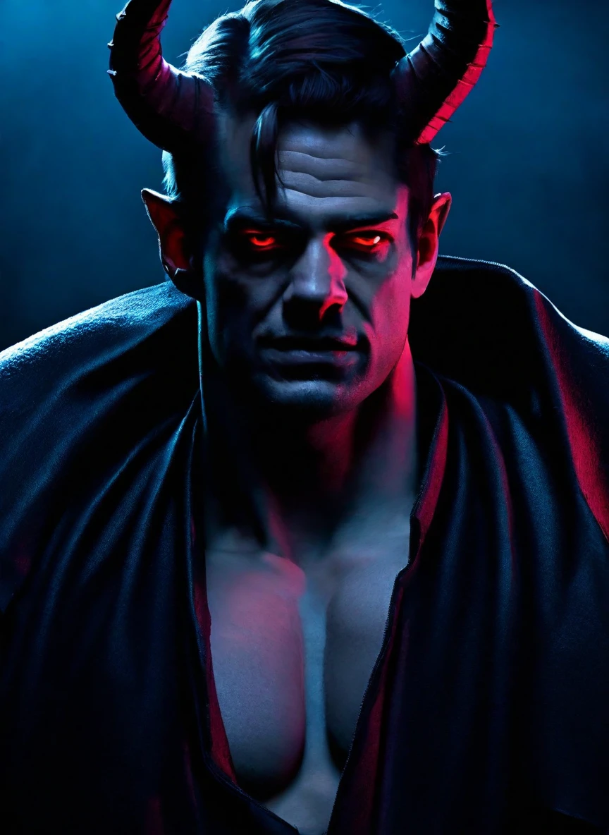 photorealistic, realistic, portrait, demon boy, monster boy, 1boy, horns, red eyes, glowing eyes, lens flare