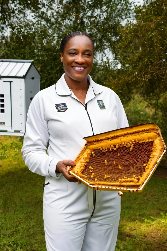 laphonza butler <lora:senate_010_laphonza_butler:0.65> , face closeup, face focus, shirt, formal, suit, collared shirt, white shirt, jacket,
Wearing a beekeeper suit, standing in an apiary with bee hives around, holding a giant honeycomb, "Honey Pot Funds",
best quality, masterpiece, HDR, professional, studio quality, highres,