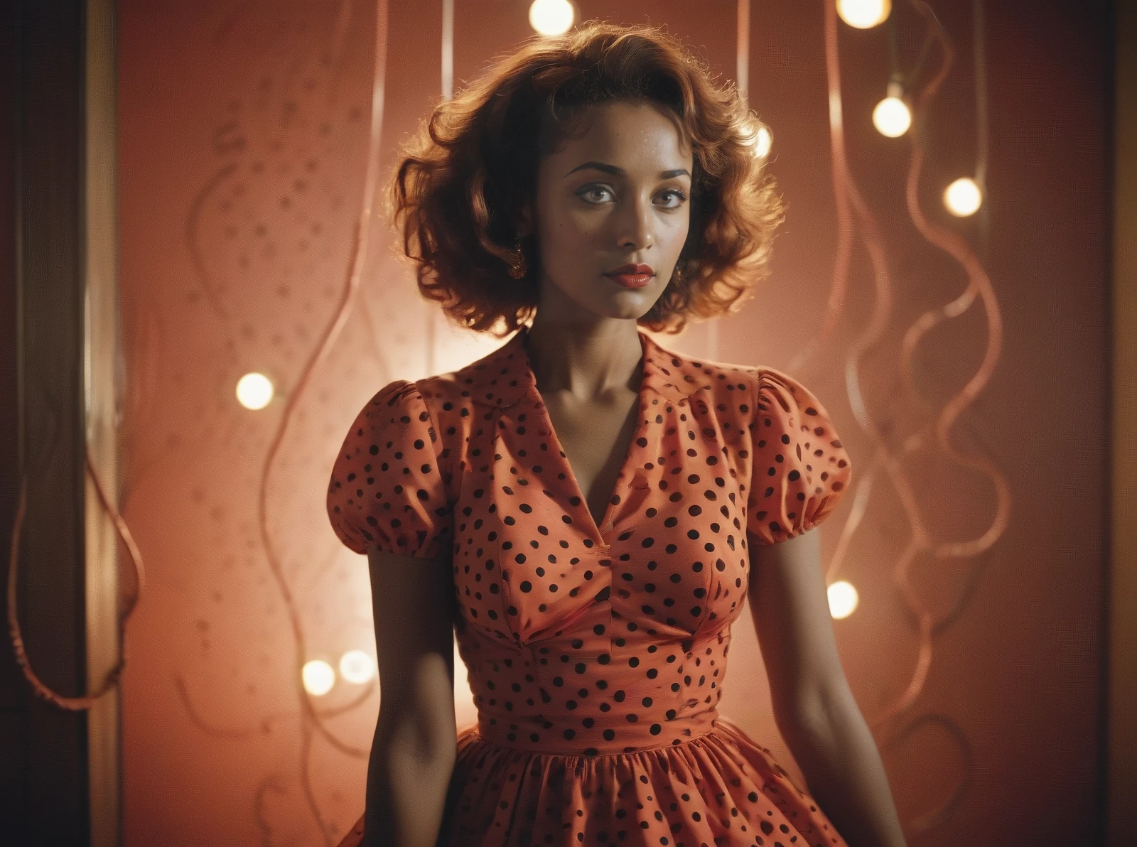 Iman,tentacle hair,Caramel,Vintage 1950s polka dot swing dress in a vibrant red.,Contemplative,Long exposure,style by Ettore Sottsass,,Fujicolor Superia X-TRA 400,Side lighting