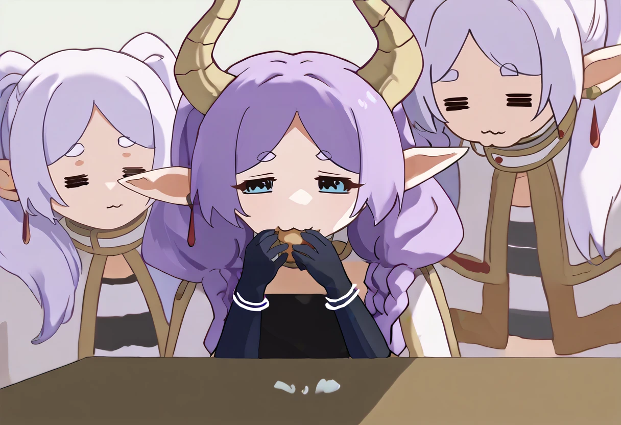 score_9, score_8_up, score_7_up, source_anime, 3girls, blankroomsoup, table, bowl, food <lora:meme_blankroomsoup_ponyXL:0.9>
3girls, FrierenBase, =w=, :3, = =, closed eyes, looking at another, white hair, long hair, twintails, earrings, white capelet, striped shirt, long sleeves <lora:ChamFrierenPonyXL:0.8> <lora:ChamElfExpressionPonyXL:0.8>
3girls, AuraFrieren, sad, eating, purple hair, blue eyes, horns, long hair, twin braids, necklace, strapless shirt, black shirt, red waist cape, elbow gloves, black gloves <lora:ChamAuraPonyXL:0.9>
3girls, FrierenBase, =w=, :3, = =, closed eyes, looking at another, white hair, long hair, twintails, earrings, white capelet, striped shirt, long sleeves <lora:ChamFrierenPonyXL:0.8> <lora:ChamElfExpressionPonyXL:0.8>