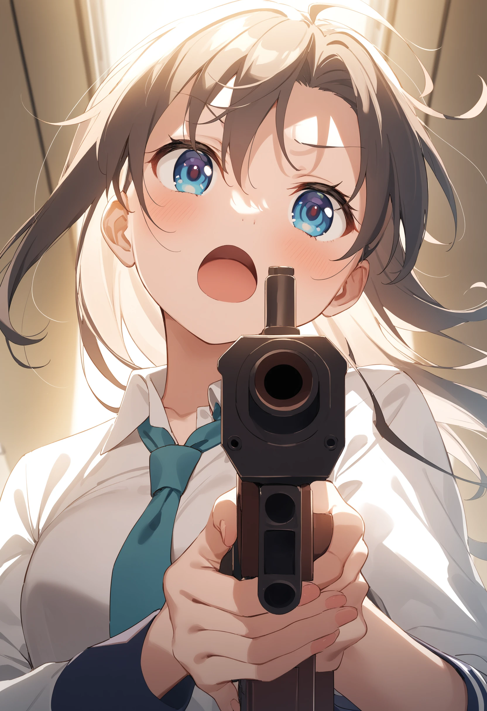 1girl,sincos, ningen mame, toosaka asagi,solo,medium breasts,school uniform,
P90, weapon, submachine gun, holding gun, aiming, <lora:P90_XL_v1:0.7>
ceiling, portrait, looking up, fingersmile, common corridor, open mouth,
best quality, very aesthetic, absurdres,