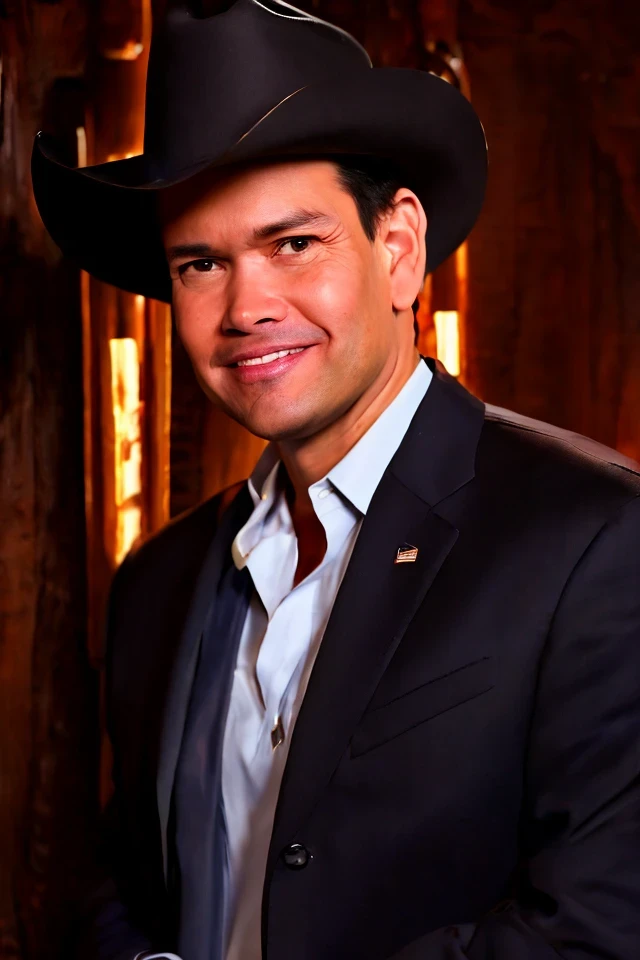marco rubio <lora:senate_017_marco_rubio:0.65> , face closeup, face focus, shirt, formal, suit, collared shirt, white shirt, jacket,
Dressed in cowboy attire with a ten-gallon hat and cowboy boots, standing in front of a Western saloon, lasso or branding iron,
best quality, masterpiece, HDR, professional, studio quality, highres,