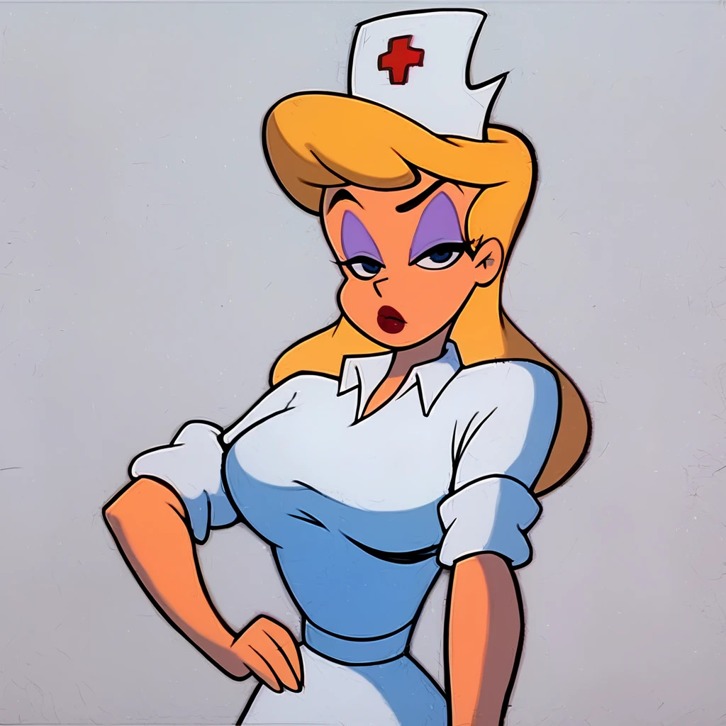 score_9, score_8_up, score_7_up, score_6_up, score_5_up, score_4_up, (Source cartoon), (rating safe),<lora:HelloNurseXL:1>, hello nurse, 1girl, solo, breasts, looking at viewer, skirt, simple background, shirt, hat, white background, standing, white shirt, collared shirt, makeup, half-closed eyes, white skirt, lipstick, sleeves rolled up, eyeshadow, nurse cap, sleeves pushed up, purple eyeshadow, blonde hair